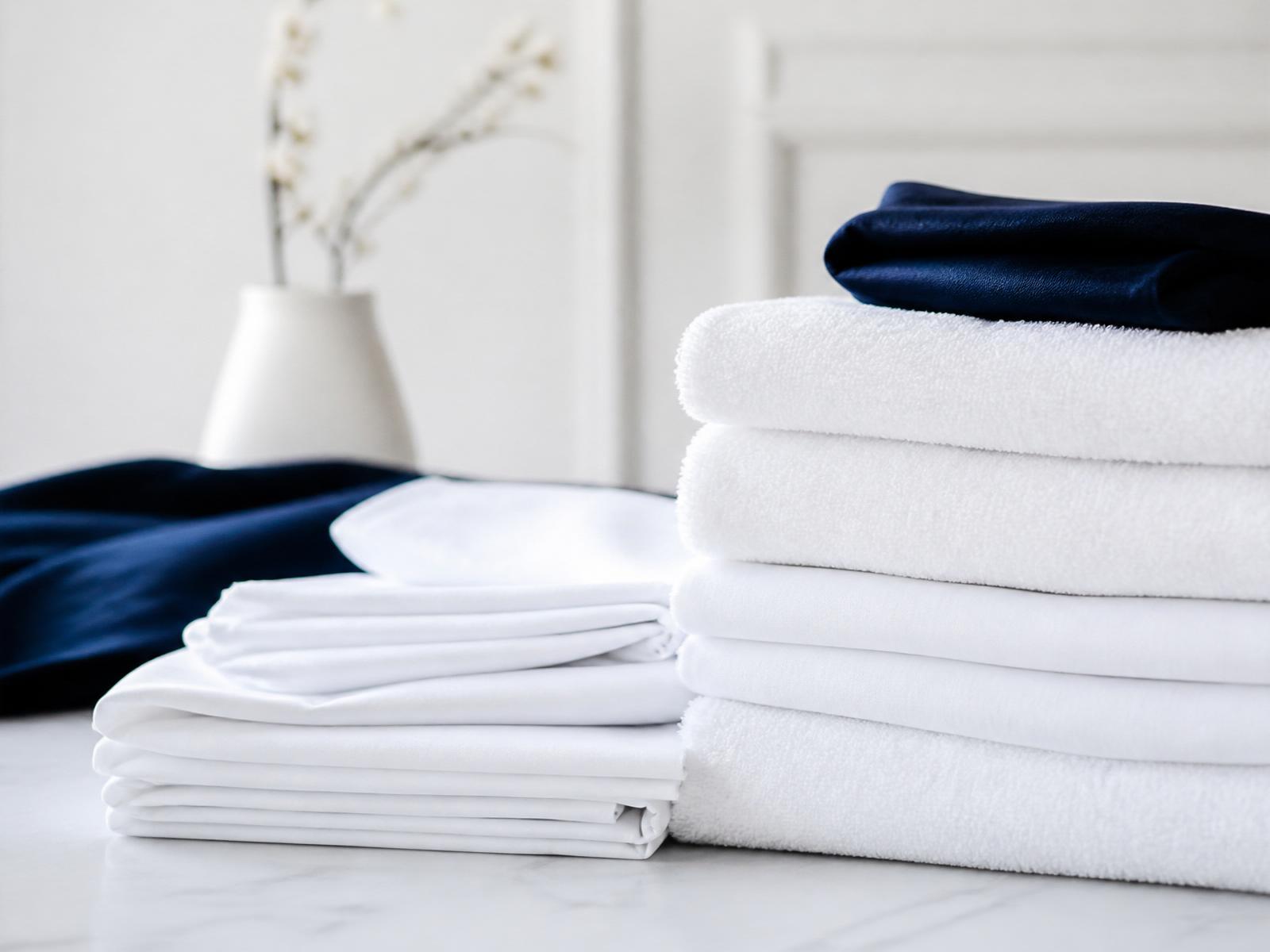 Neatly folded white linens and towels stacked on a marble surface